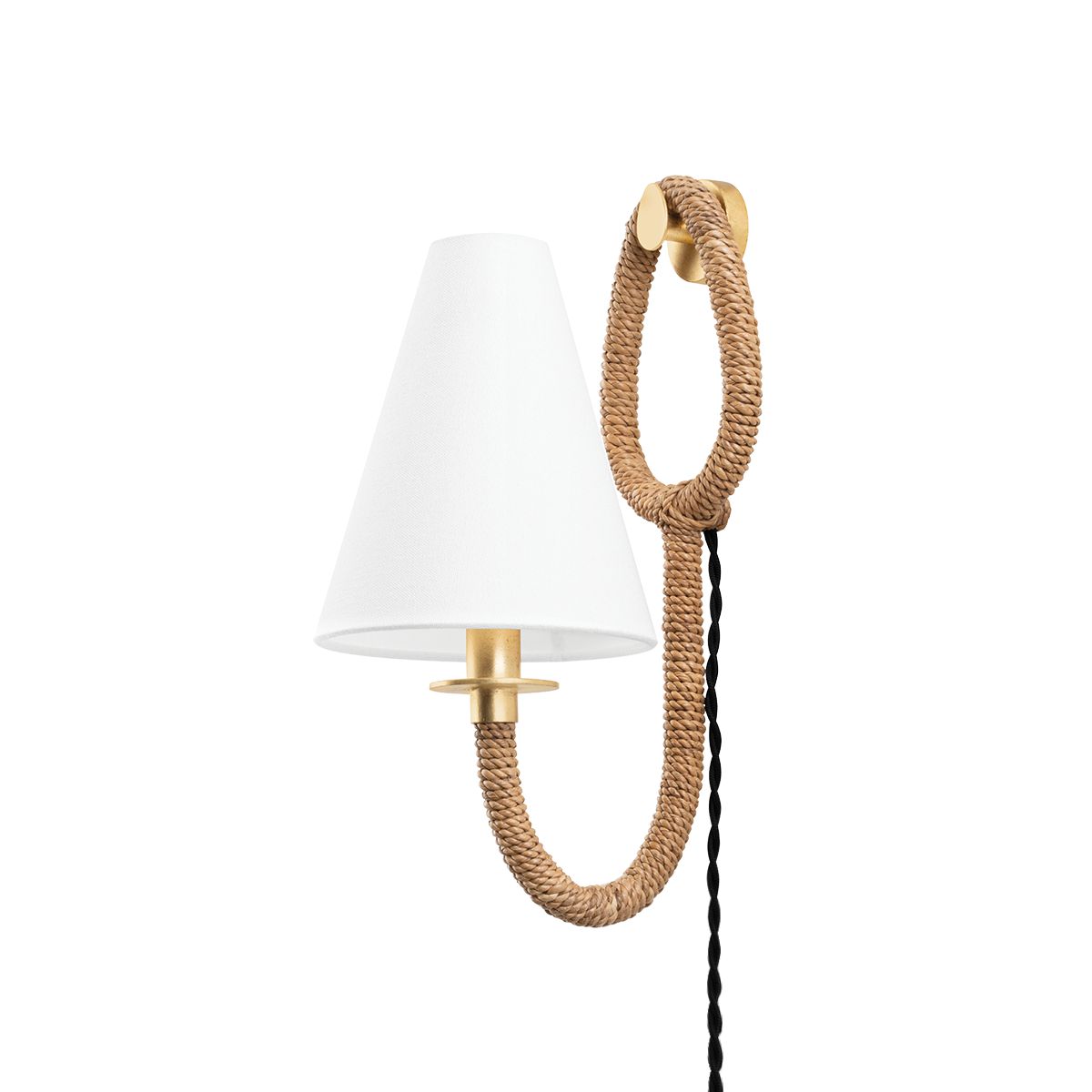 Deaver Plug-In Sconce by Troy Lighting - Vintage Gold Leaf, Off-White Linen Shade, Dimmable, Nautical Design