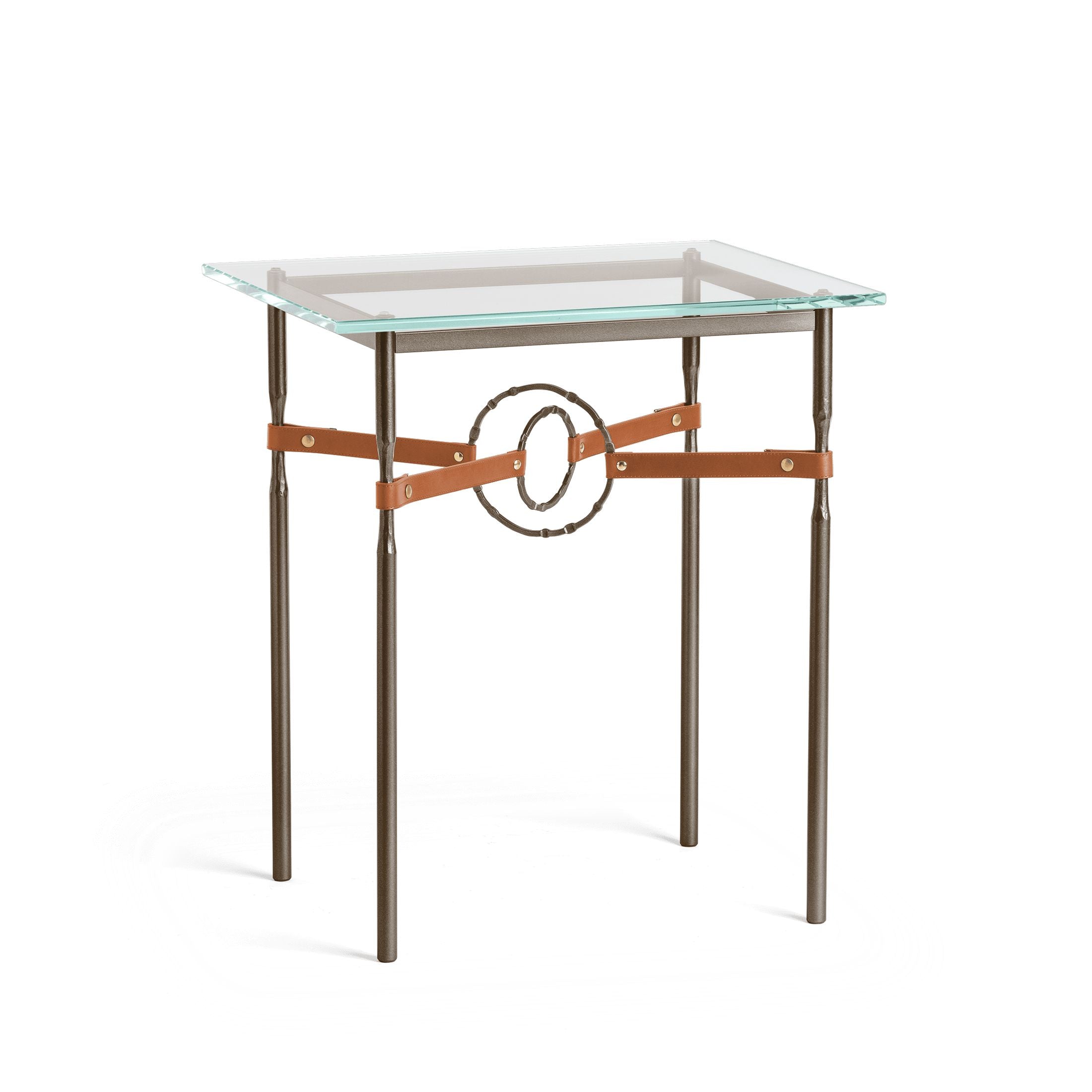 Hubbardton Forge Equus Side Table with Artisanal Leather and Hand-Forged Steel Rings, Customizable Options