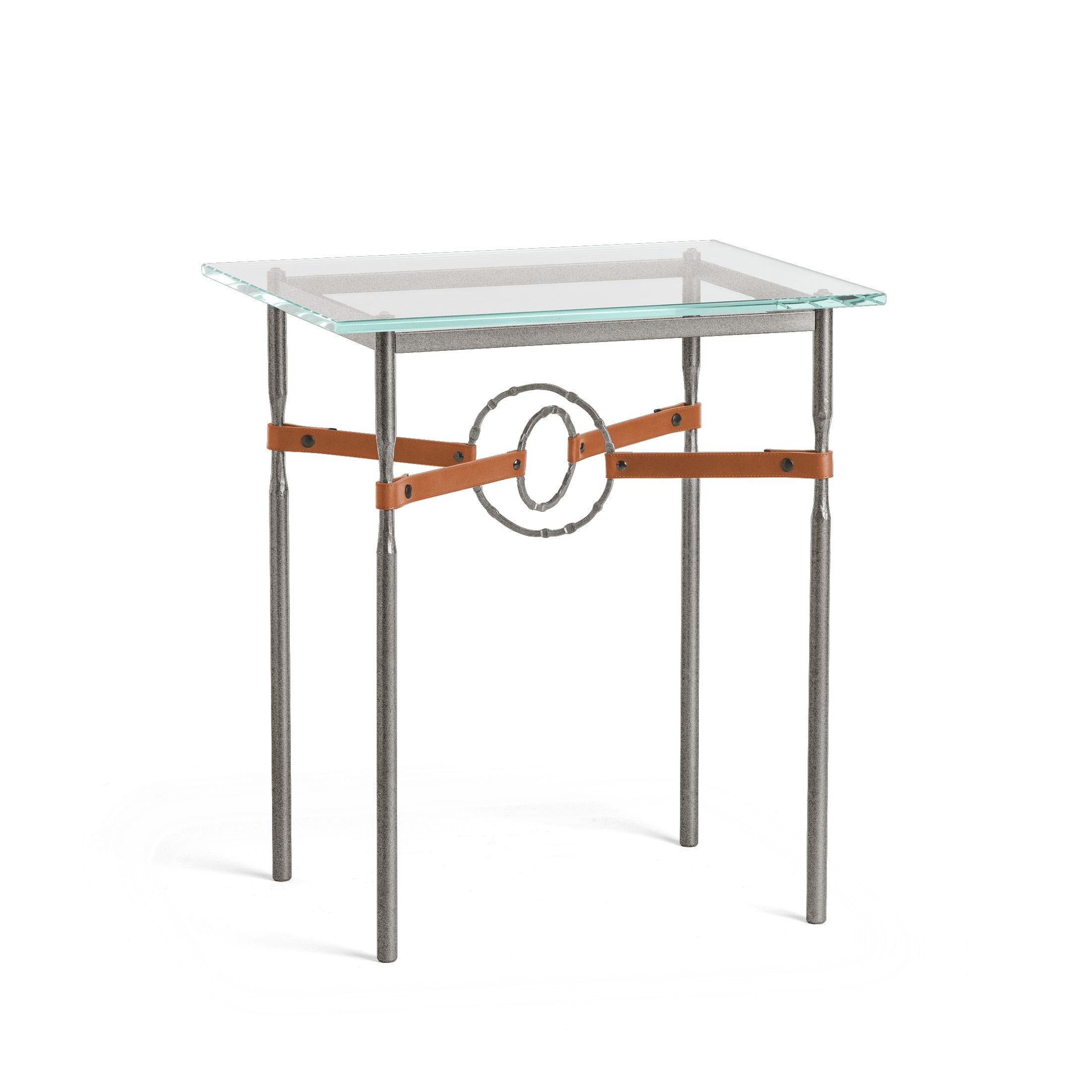 Hubbardton Forge Equus Side Table with Artisanal Leather and Hand-Forged Steel Rings, Customizable Options