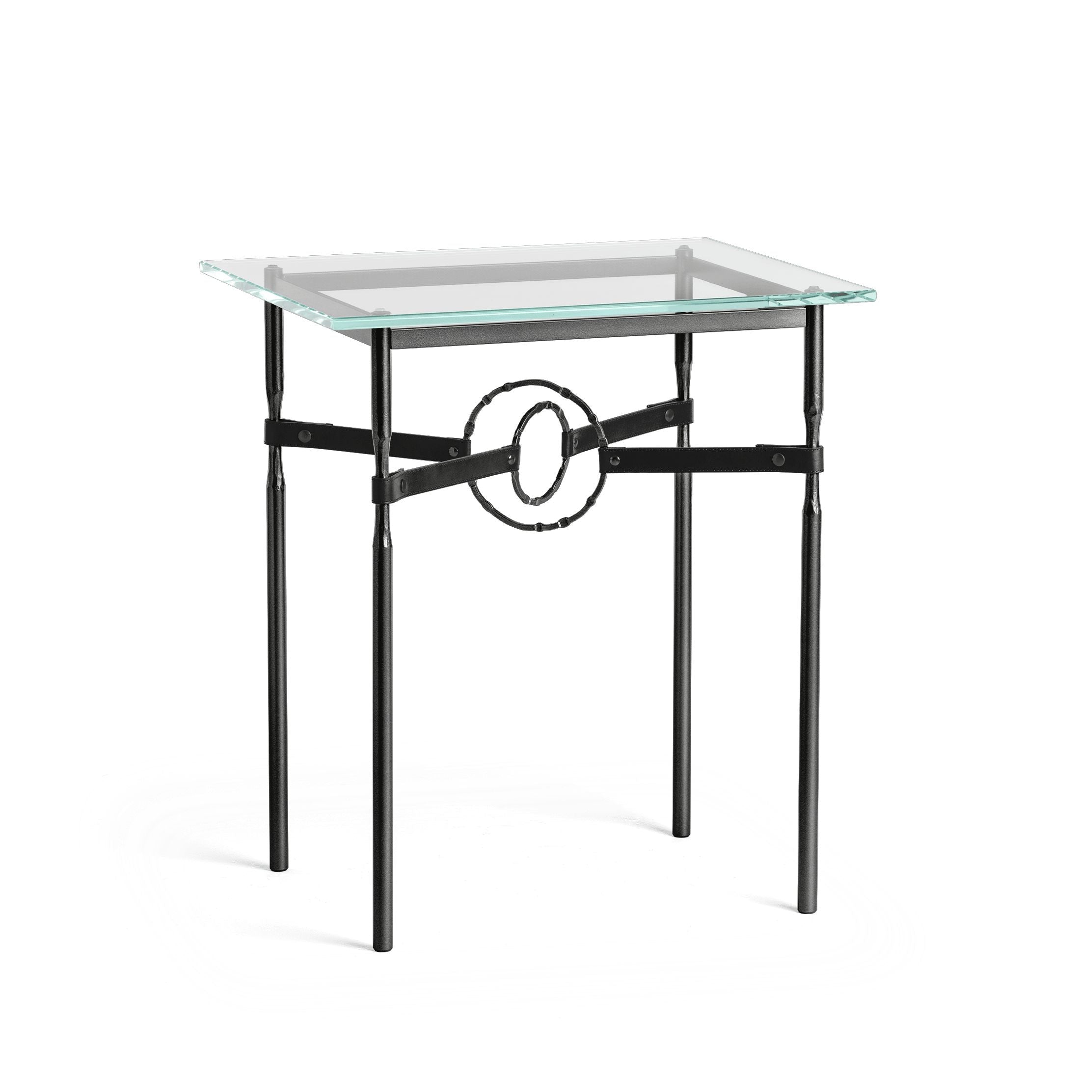 Hubbardton Forge Equus Side Table with Artisanal Leather and Hand-Forged Steel Rings, Customizable Options