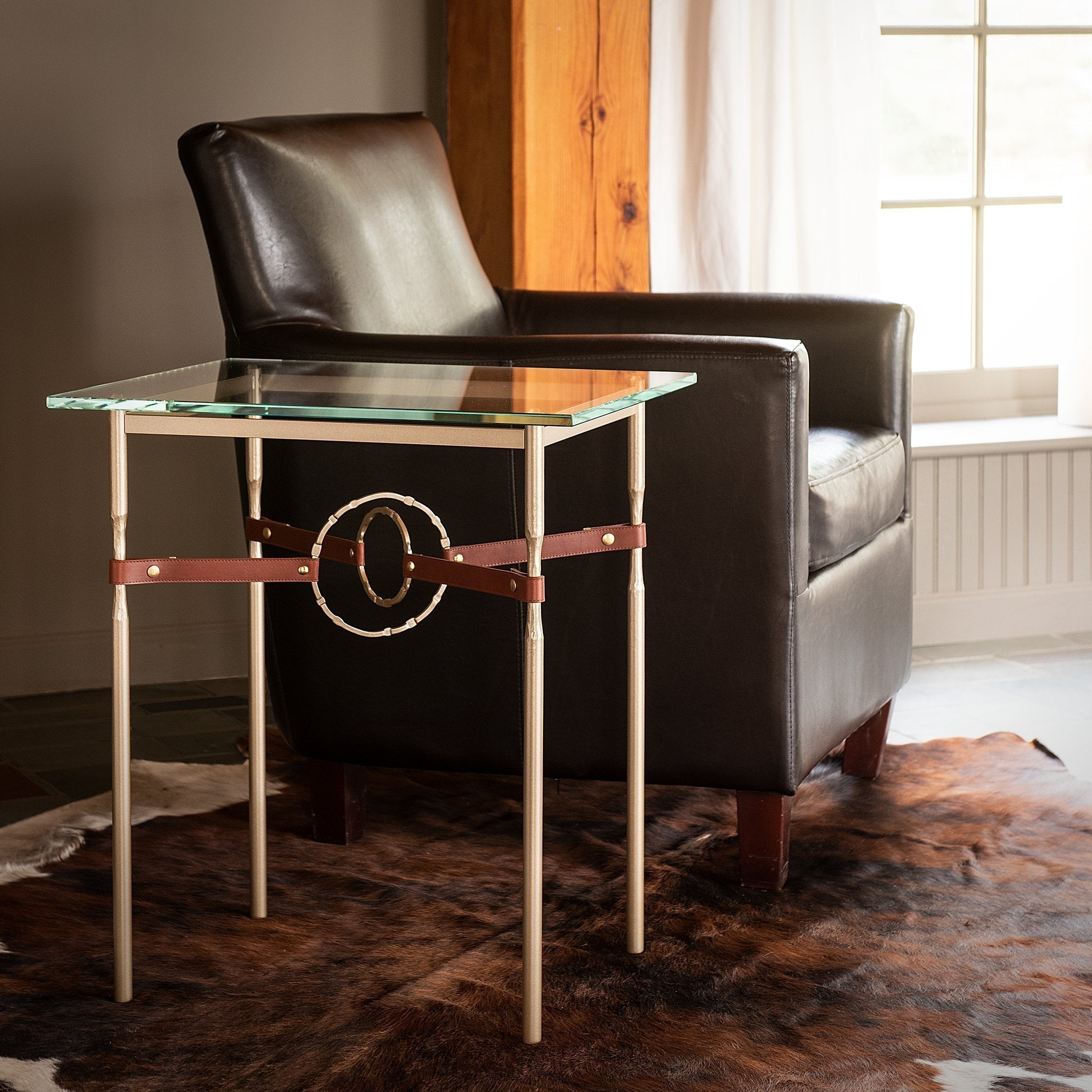 Hubbardton Forge Equus Side Table with Artisanal Leather and Hand-Forged Steel Rings, Customizable Options