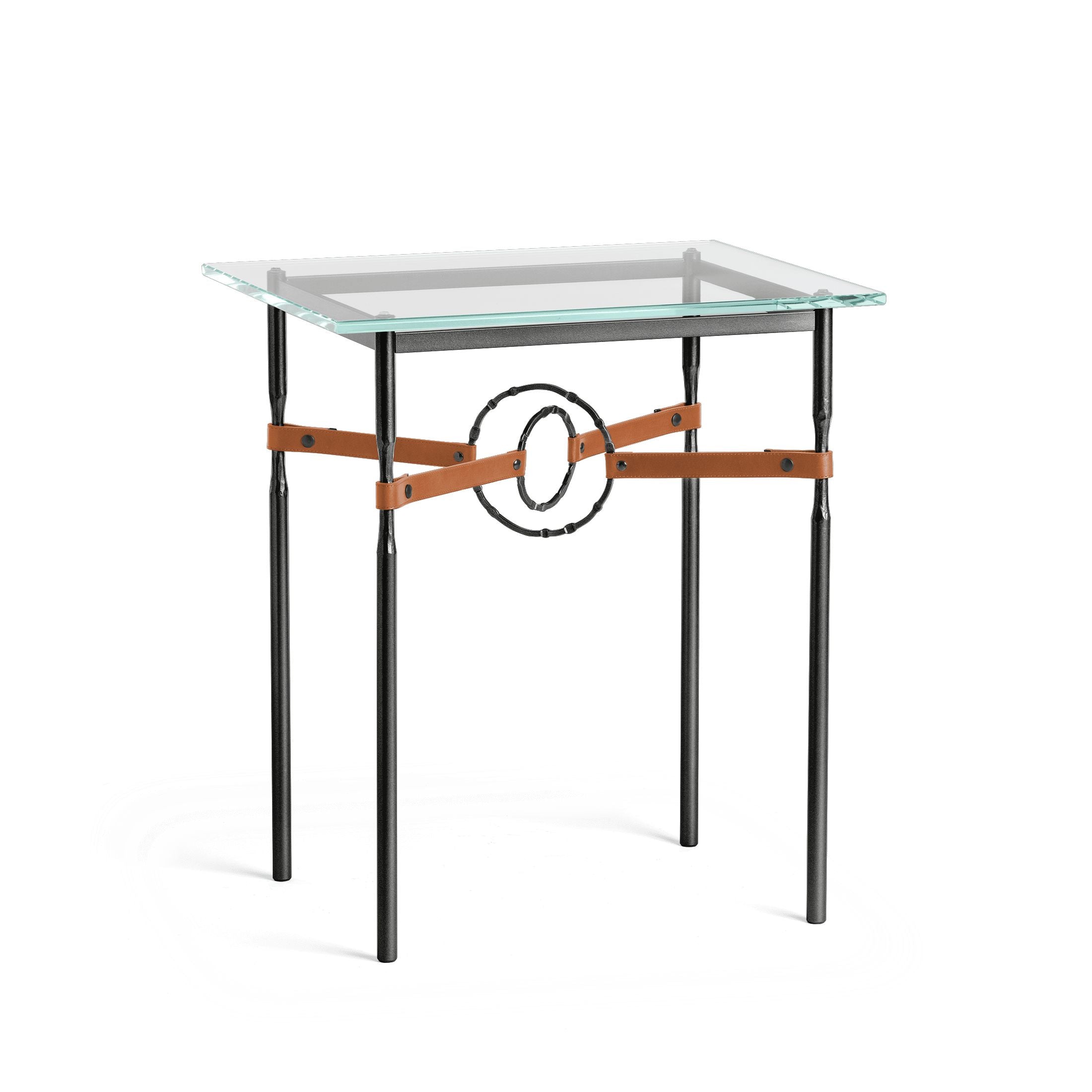 Hubbardton Forge Equus Side Table with Artisanal Leather and Hand-Forged Steel Rings, Customizable Options