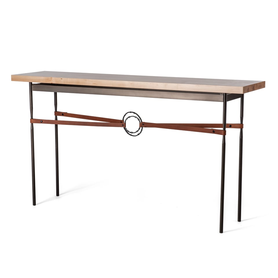 Equus Wood Top Console Table by Hubbardton Forge, Artisan Leather Accents, Equestrian Inspired Design