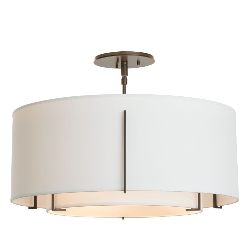 Exos Double Shade Semi-Flush Ceiling Lamp by Hubbardton Forge, Dimmable, Linen Shades, 15.3" H x 22.9" D