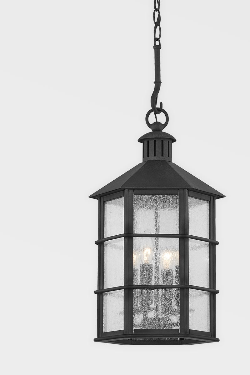 Lake County Outdoor Hanging Light - Modern Nautical Fixture with Matte Black Frame and Seeded Glass