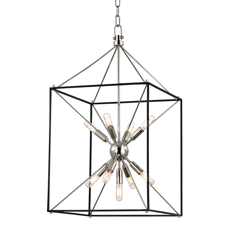 Glendale Medium Lantern 9-Bulb Dimmable Fixture in Black Iron for Mid-Century Modern Homes