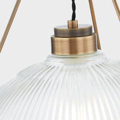 Glint Large Semi-Flush Ceiling Light With Ribbed Holophane Glass And Patina Brass Finish, 17.75" Wide