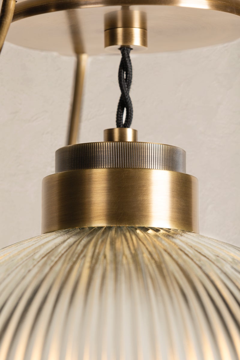 Glint Large Semi-Flush Ceiling Light With Ribbed Holophane Glass And Patina Brass Finish, 17.75" Wide