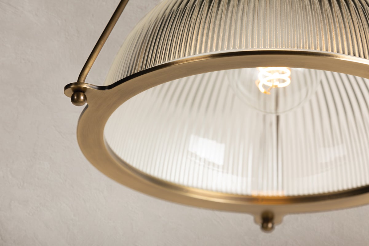 Glint Large Semi-Flush Ceiling Light With Ribbed Holophane Glass And Patina Brass Finish, 17.75" Wide