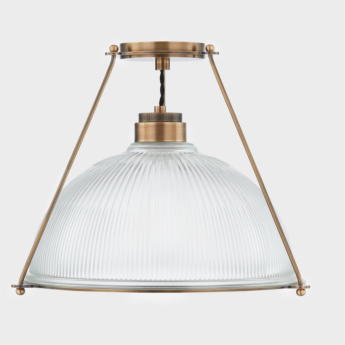 Glint Large Semi-Flush Ceiling Light With Ribbed Holophane Glass And Patina Brass Finish, 17.75" Wide