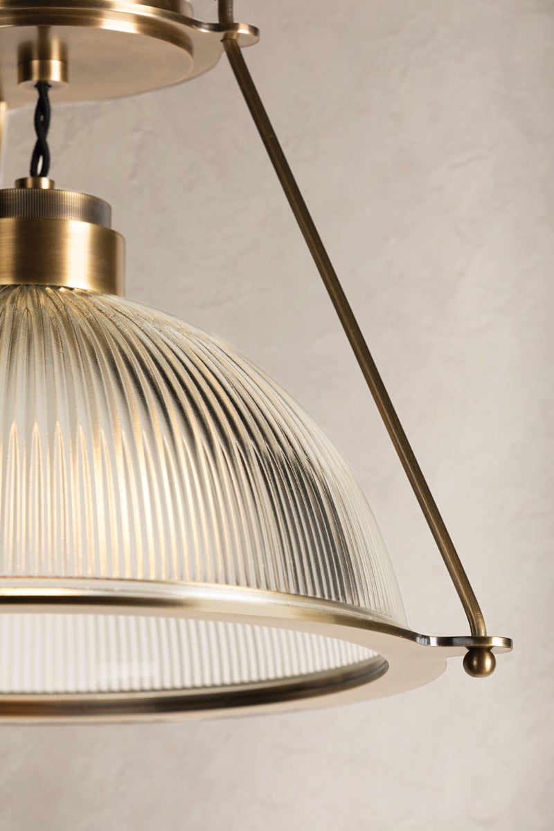 Glint Large Semi-Flush Ceiling Light With Ribbed Holophane Glass And Patina Brass Finish, 17.75" Wide