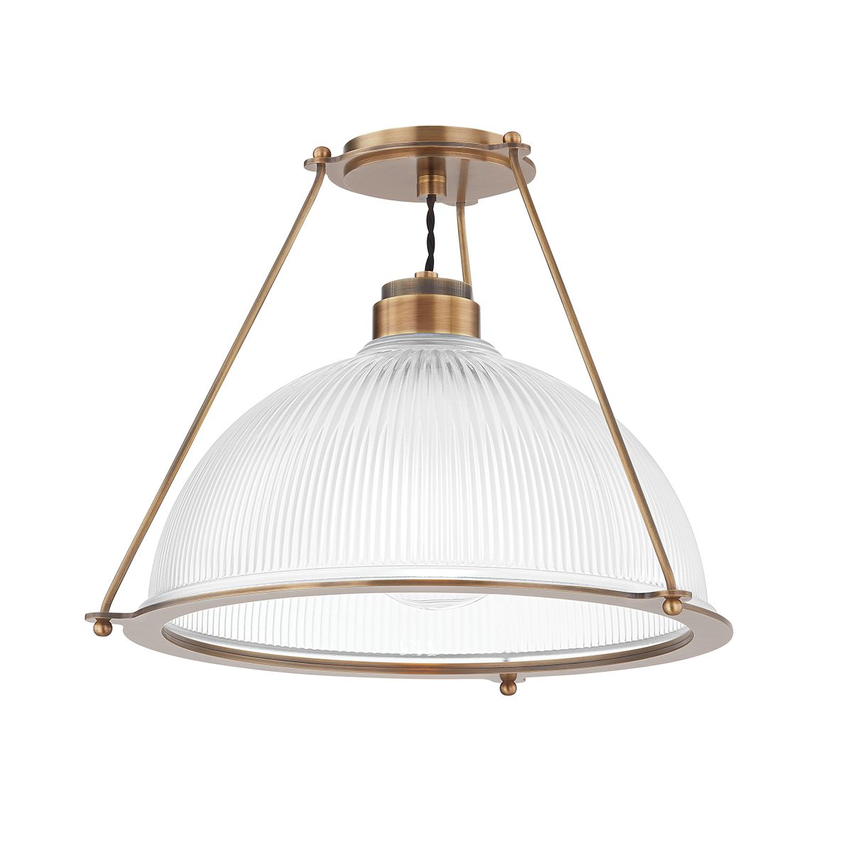 Glint Large Semi-Flush Ceiling Light With Ribbed Holophane Glass And Patina Brass Finish, 17.75" Wide