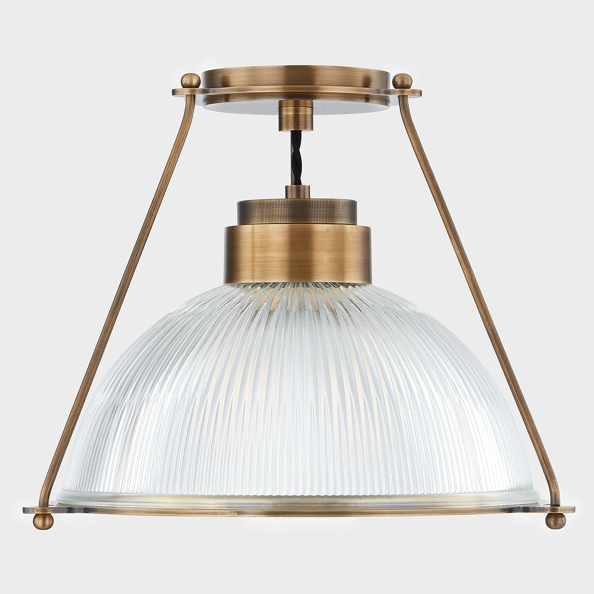 Glint 1-Light Semi-Flush Ceiling Light by Troy Lighting, Ribbed Holophane Glass, Dimmable Patina Brass Finish