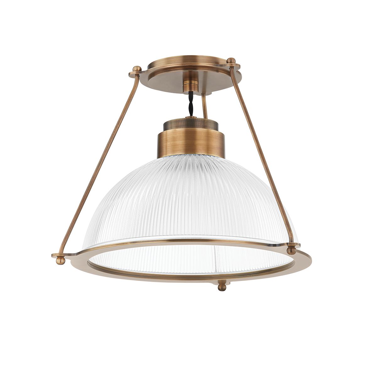 Glint 1-Light Semi-Flush Ceiling Light by Troy Lighting, Ribbed Holophane Glass, Dimmable Patina Brass Finish