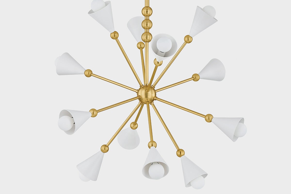 Hikari 12-Light Sputnik Chandelier by Mitzi in Aged Brass with Adjustable Height and White Glass Shades