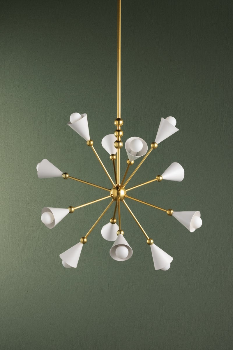 Hikari 12-Light Sputnik Chandelier by Mitzi in Aged Brass with Adjustable Height and White Glass Shades