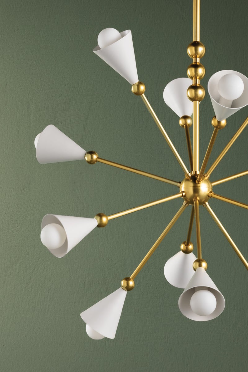 Hikari 12-Light Sputnik Chandelier by Mitzi in Aged Brass with Adjustable Height and White Glass Shades