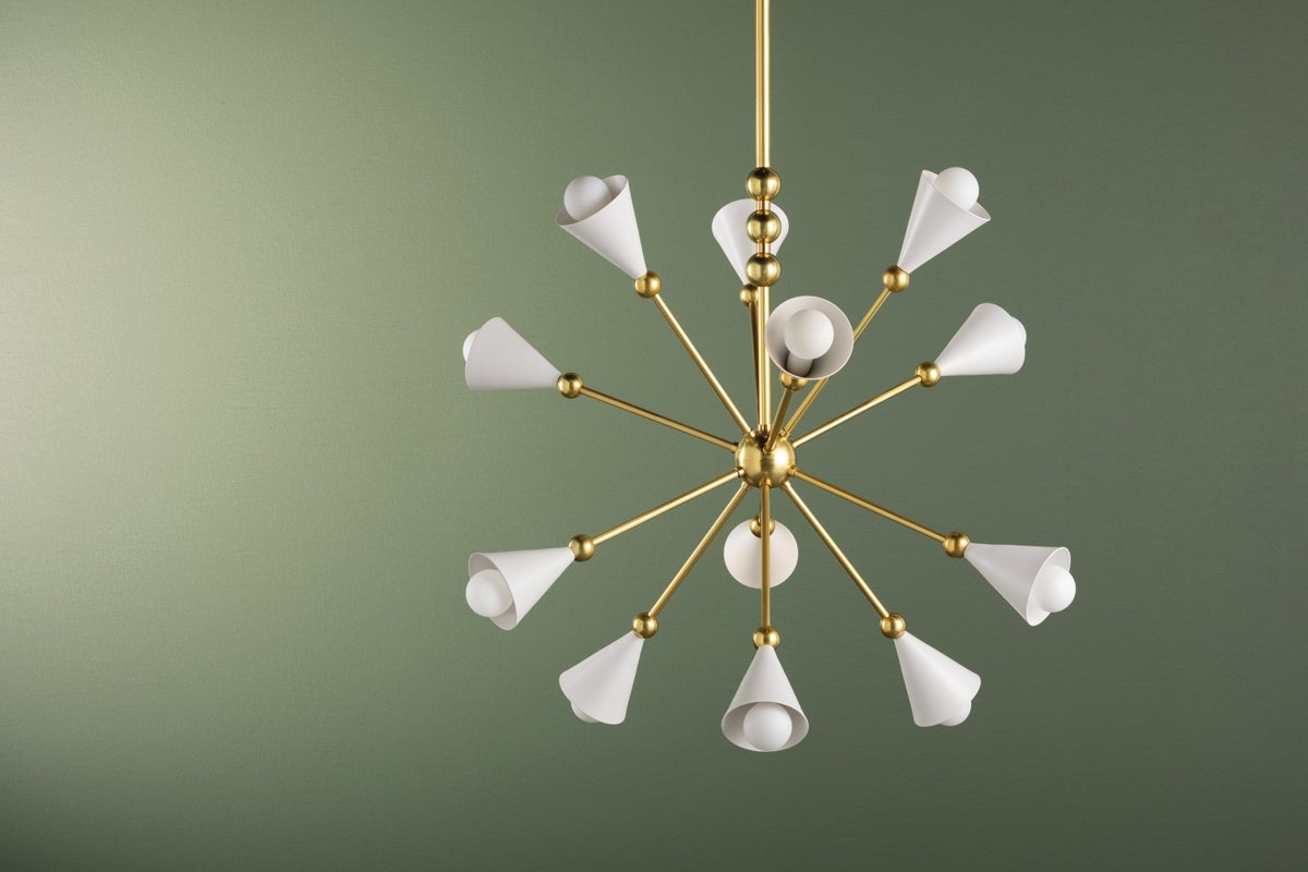 Hikari 12-Light Sputnik Chandelier by Mitzi in Aged Brass with Adjustable Height and White Glass Shades