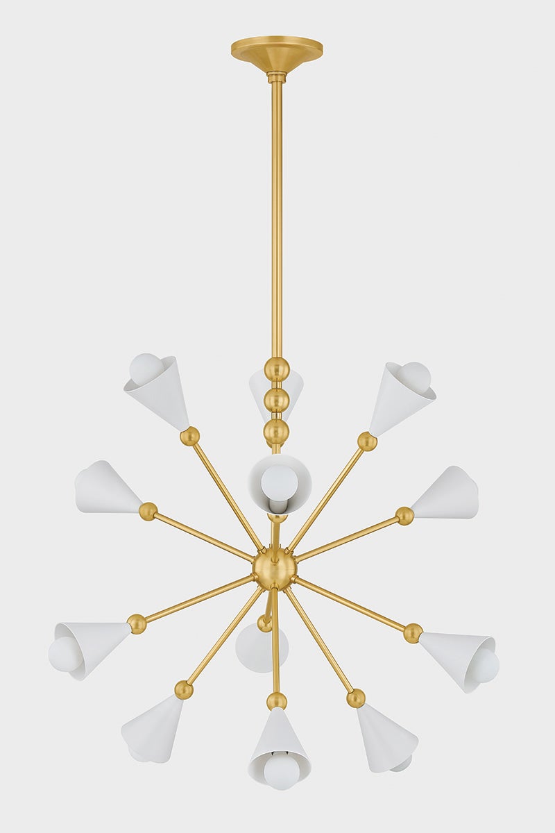 Hikari 12-Light Sputnik Chandelier by Mitzi in Aged Brass with Adjustable Height and White Glass Shades