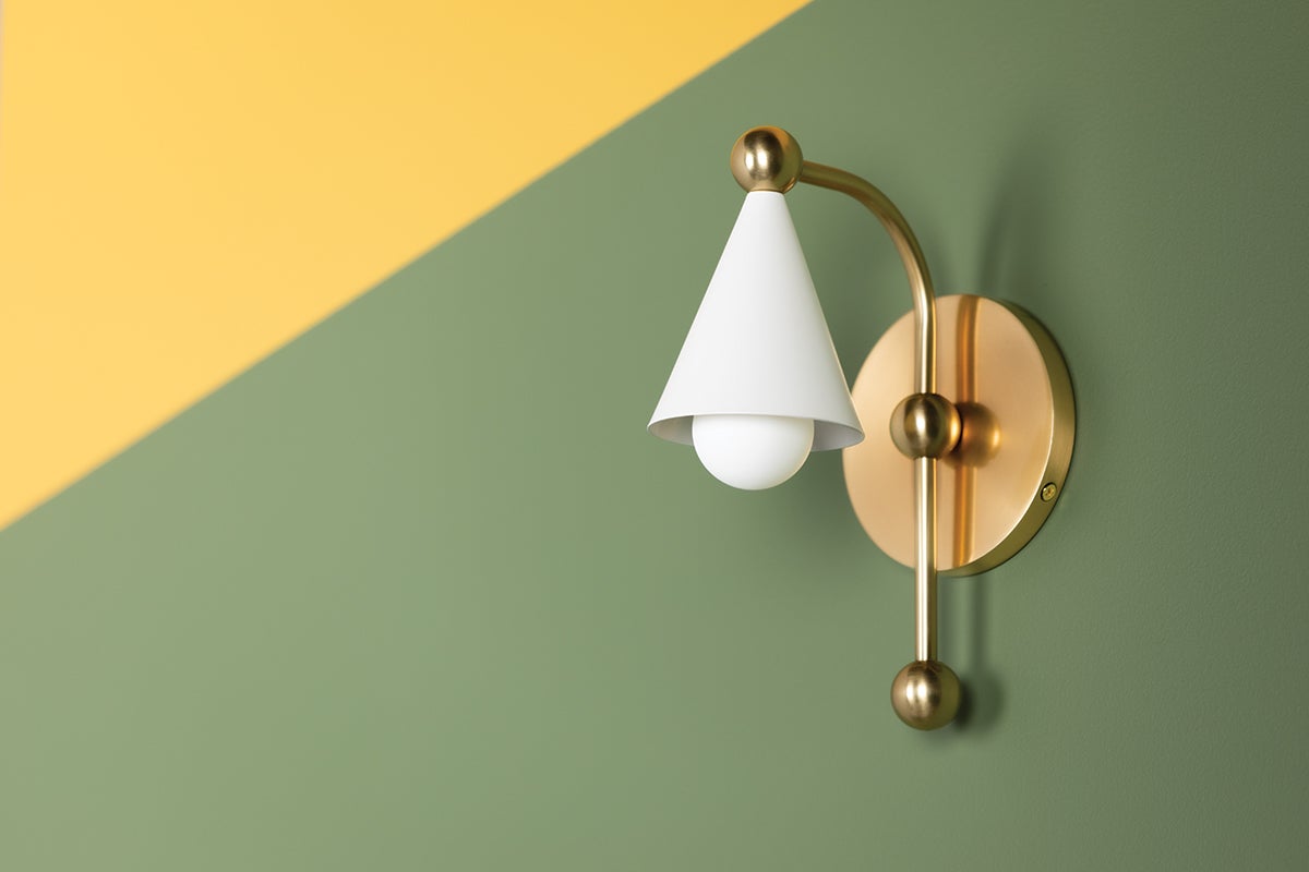 Hikari Wall Sconce by Mitzi in Aged Brass, 12 Soft White Conical Shades, Dimmable Elegance