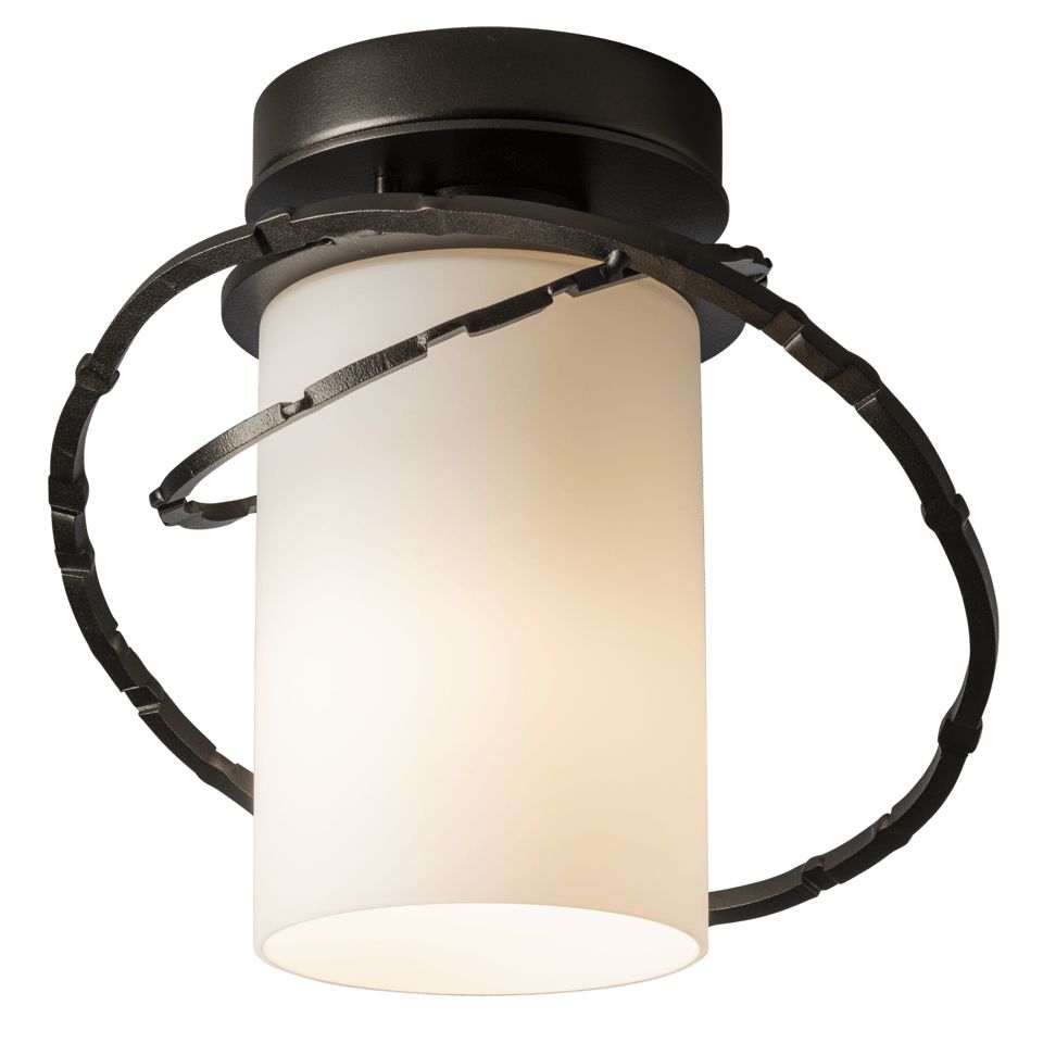 Hubbardton Forge Olympus Outdoor Semi-Flush Light Fixture with Hand-Hammered Aluminum Rings and Opal Shade