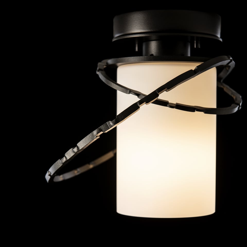 Hubbardton Forge Olympus Outdoor Semi-Flush Light Fixture with Hand-Hammered Aluminum Rings and Opal Shade