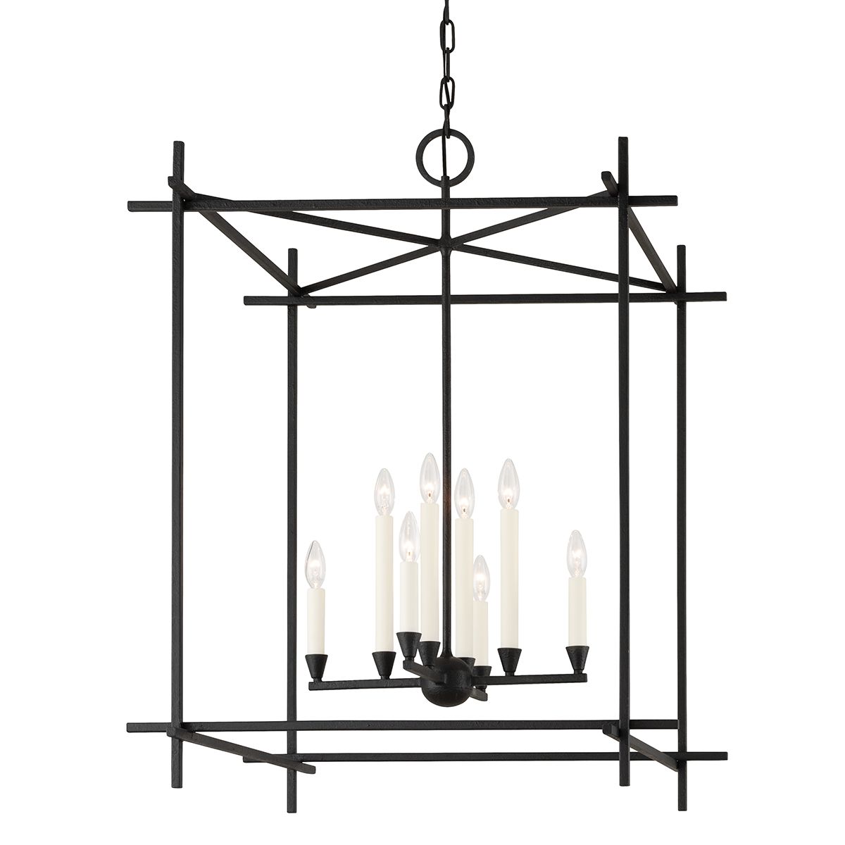 Huck Large Lantern - 39" Tall, Black Iron & Vintage Gold, Dimmable, 8 Bulb Capacity