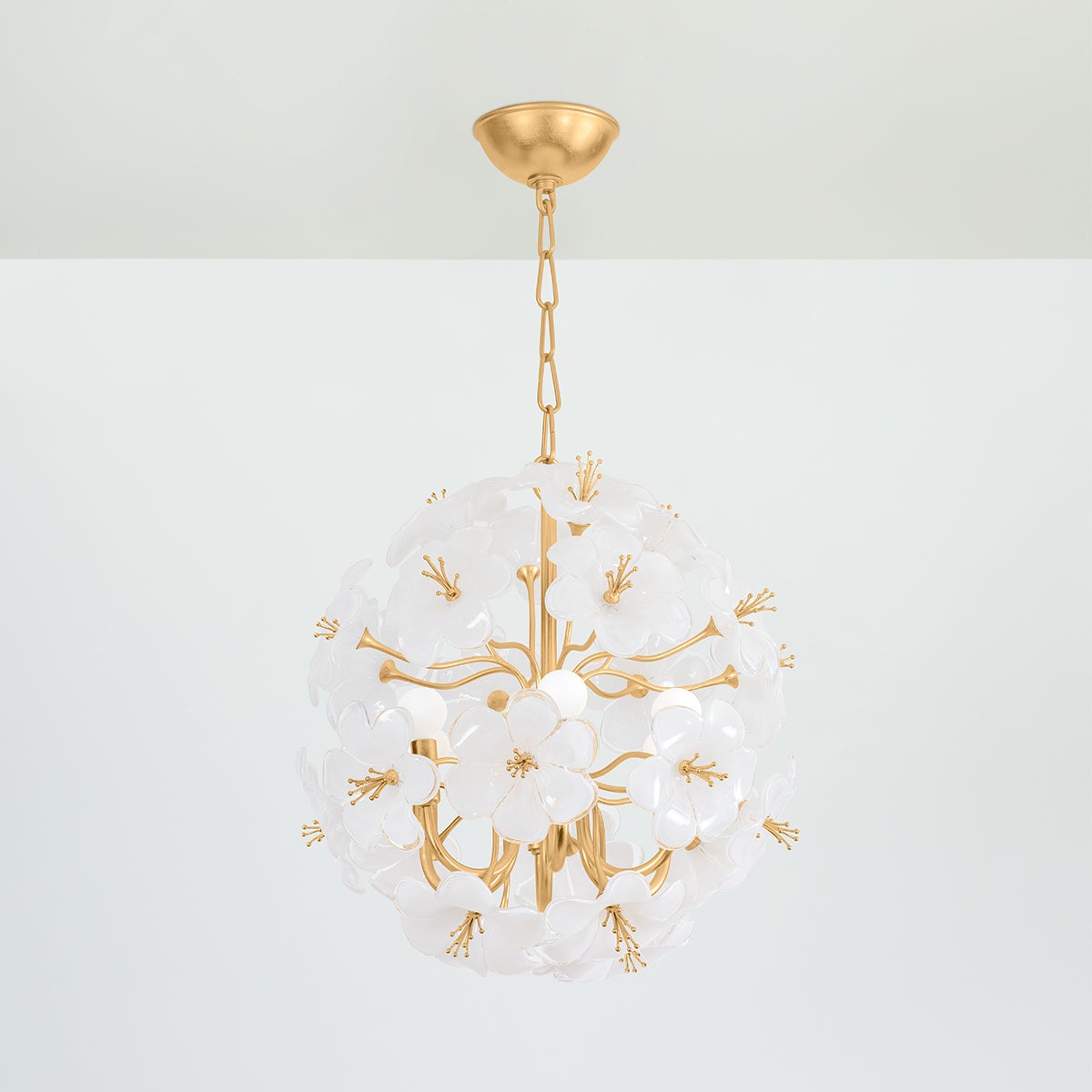 Hygea Chandelier by Corbett Lighting - 12 White Glass Flowers, Gold Leaf Finish, 21" High