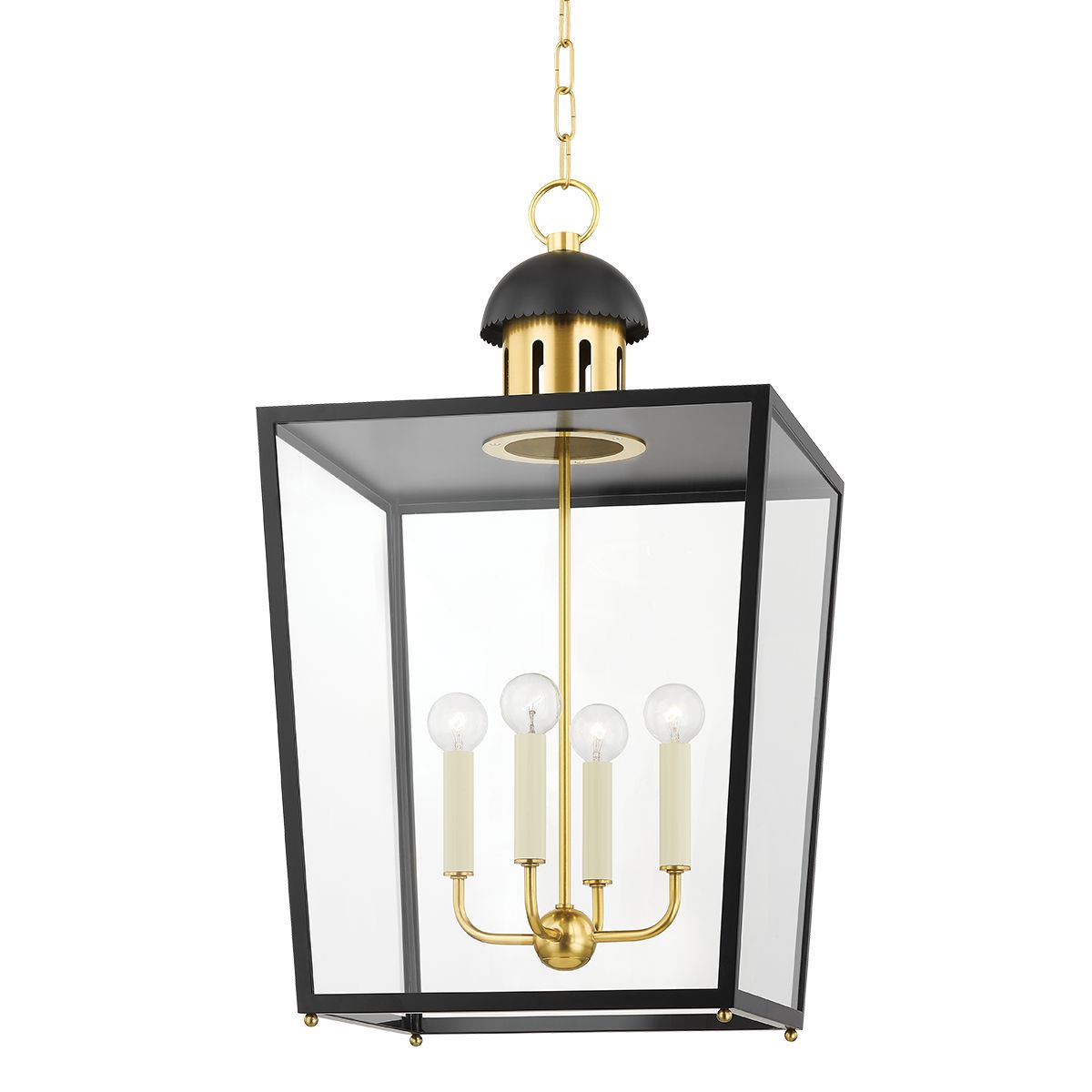 June Large Lantern by Mitzi - 4-Light Aged Brass Fixture with Dimmable Soft Cream & Black Design