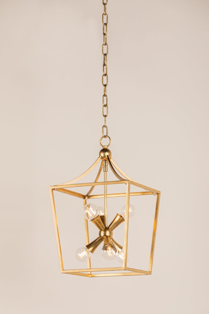 Kendall Small Lantern Pendant Light by Mitzi, 6-Light Dimmable, Vintage Gold Leaf Finish