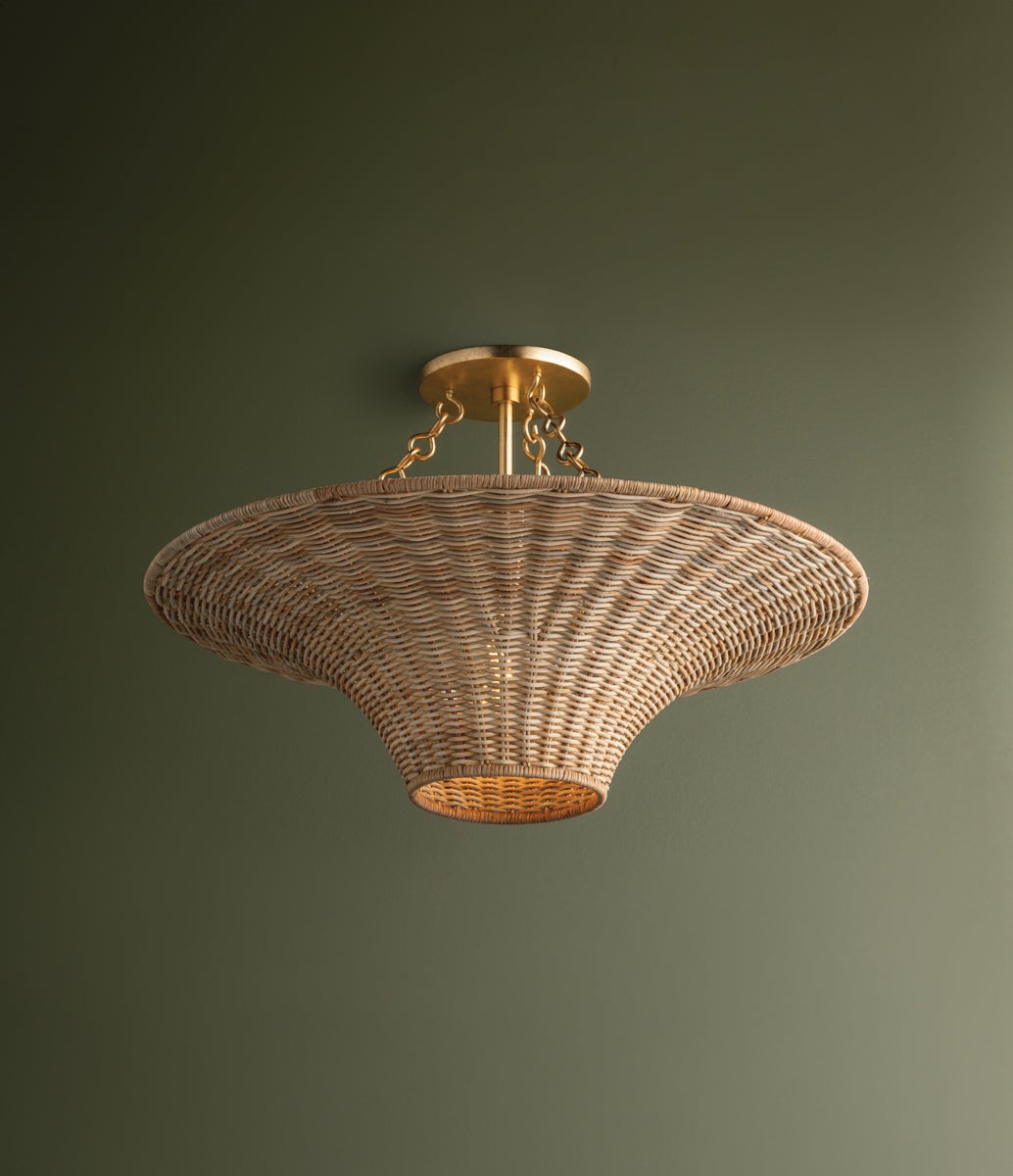 Ketan Semi-Flush Ceiling Light by Troy Lighting, 12 Lights, Dimmable, Natural Wicker Design