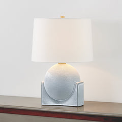 Leeston Table Lamp 22.75"H - Aged Brass & Ceramic Reactive Shell with White Linen Shade