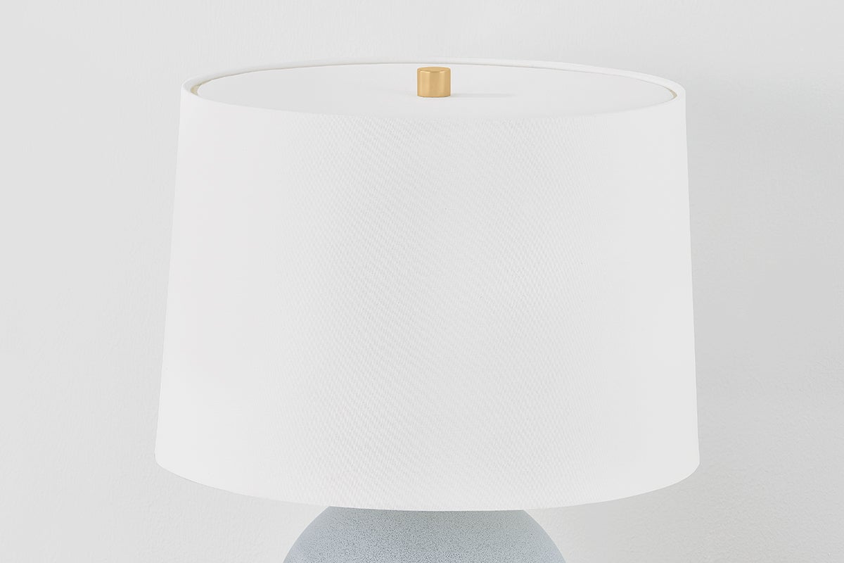 Leeston Table Lamp 22.75"H - Aged Brass & Ceramic Reactive Shell with White Linen Shade