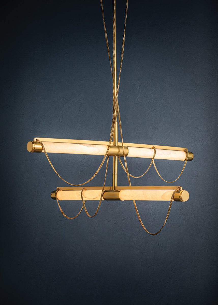 Lariat Chandelier By Corbett Lighting, Vintage Brass, Adjustable Height, 1475 Lumens, Elegant Design