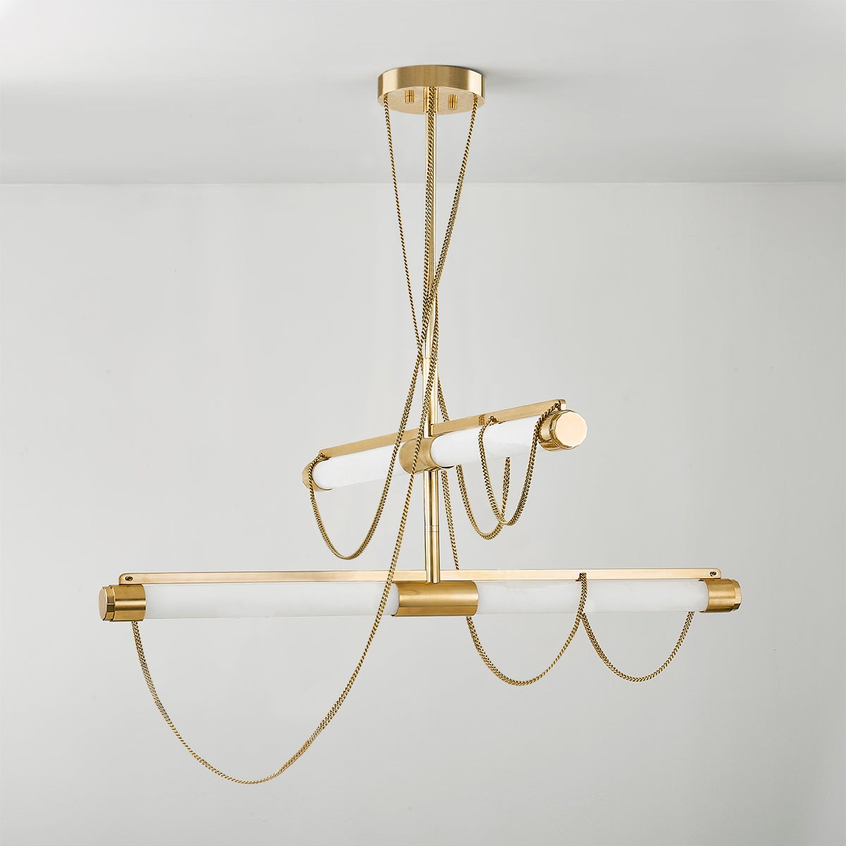 Lariat Chandelier By Corbett Lighting, Vintage Brass, Adjustable Height, 1475 Lumens, Elegant Design