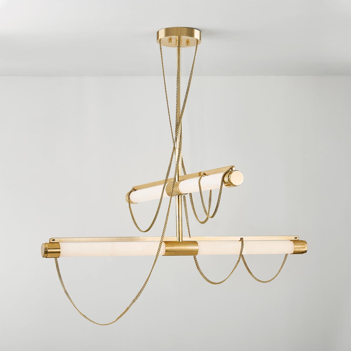 Lariat Chandelier By Corbett Lighting, Vintage Brass, Adjustable Height, 1475 Lumens, Elegant Design