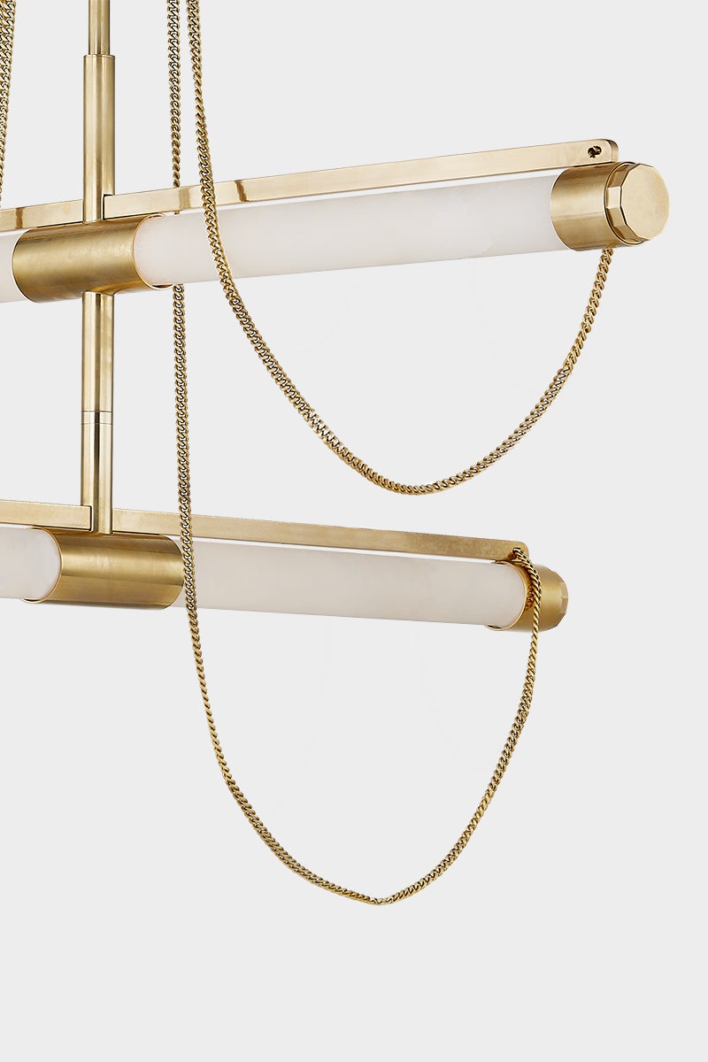 Lariat Chandelier By Corbett Lighting, Vintage Brass, Adjustable Height, 1475 Lumens, Elegant Design