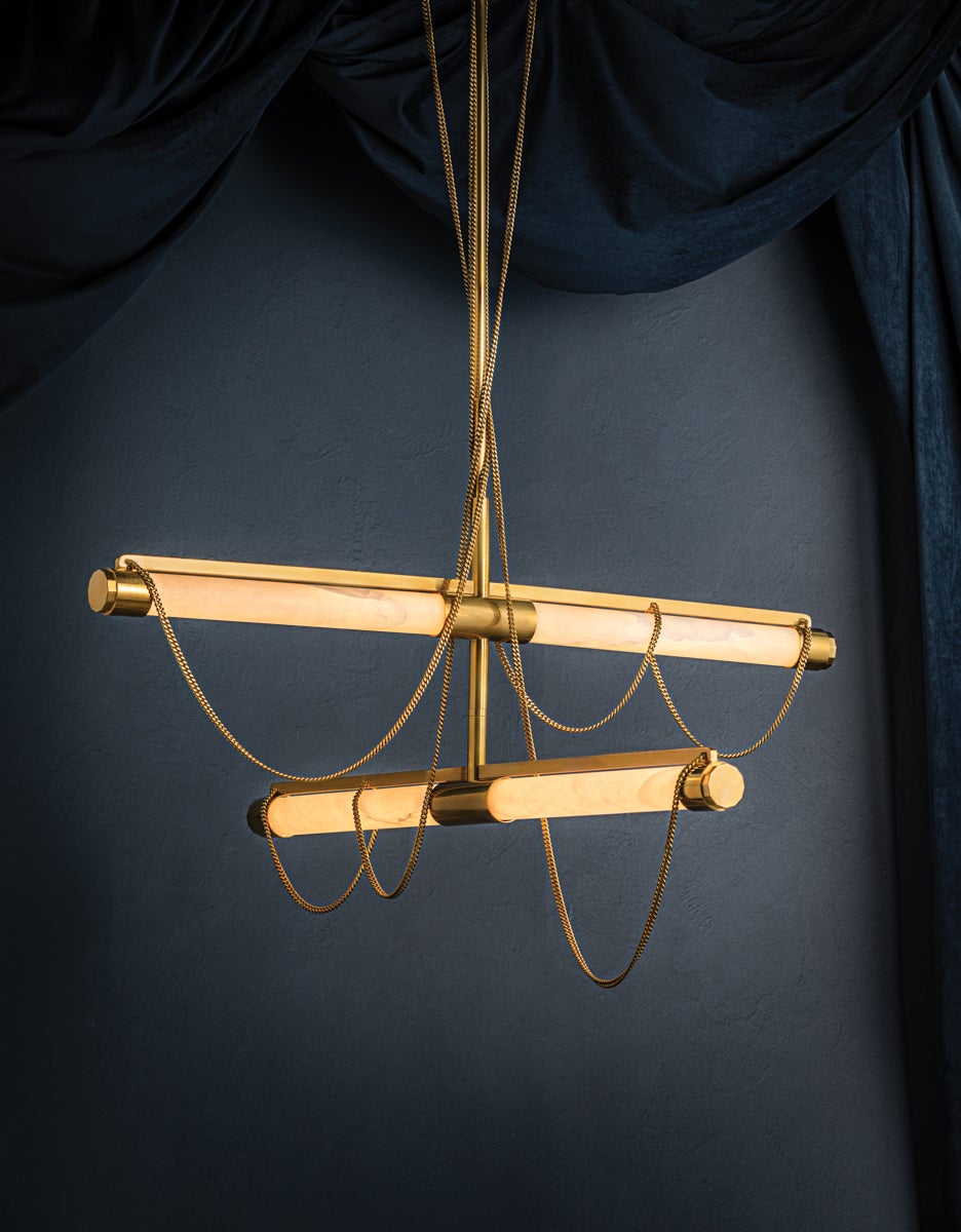 Lariat Chandelier By Corbett Lighting, Vintage Brass, Adjustable Height, 1475 Lumens, Elegant Design