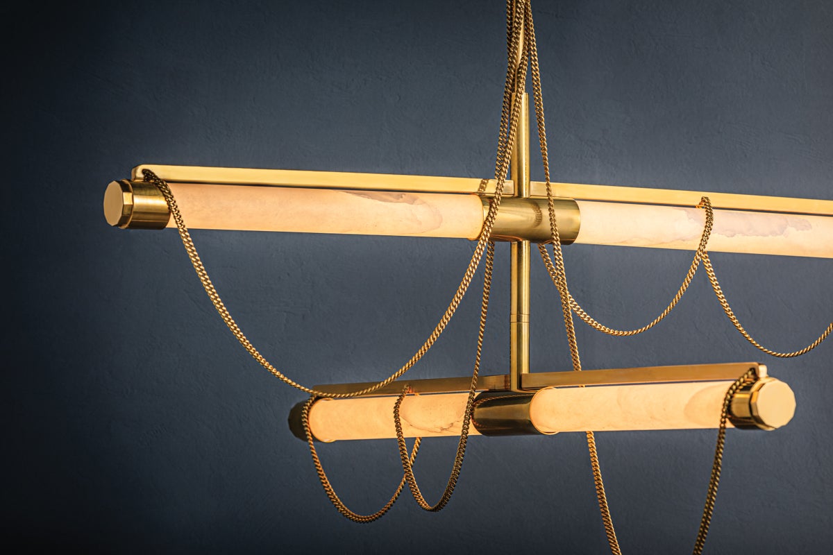 Lariat Chandelier By Corbett Lighting, Vintage Brass, Adjustable Height, 1475 Lumens, Elegant Design