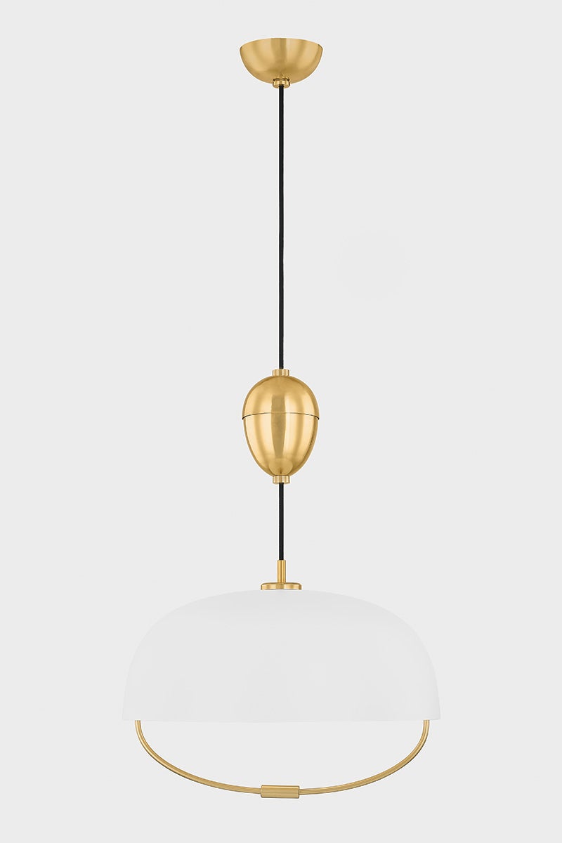 Mitzi Liliana 1-Light Adjustable Pendant Light Aged Brass with White Dome Shade, Dimmable