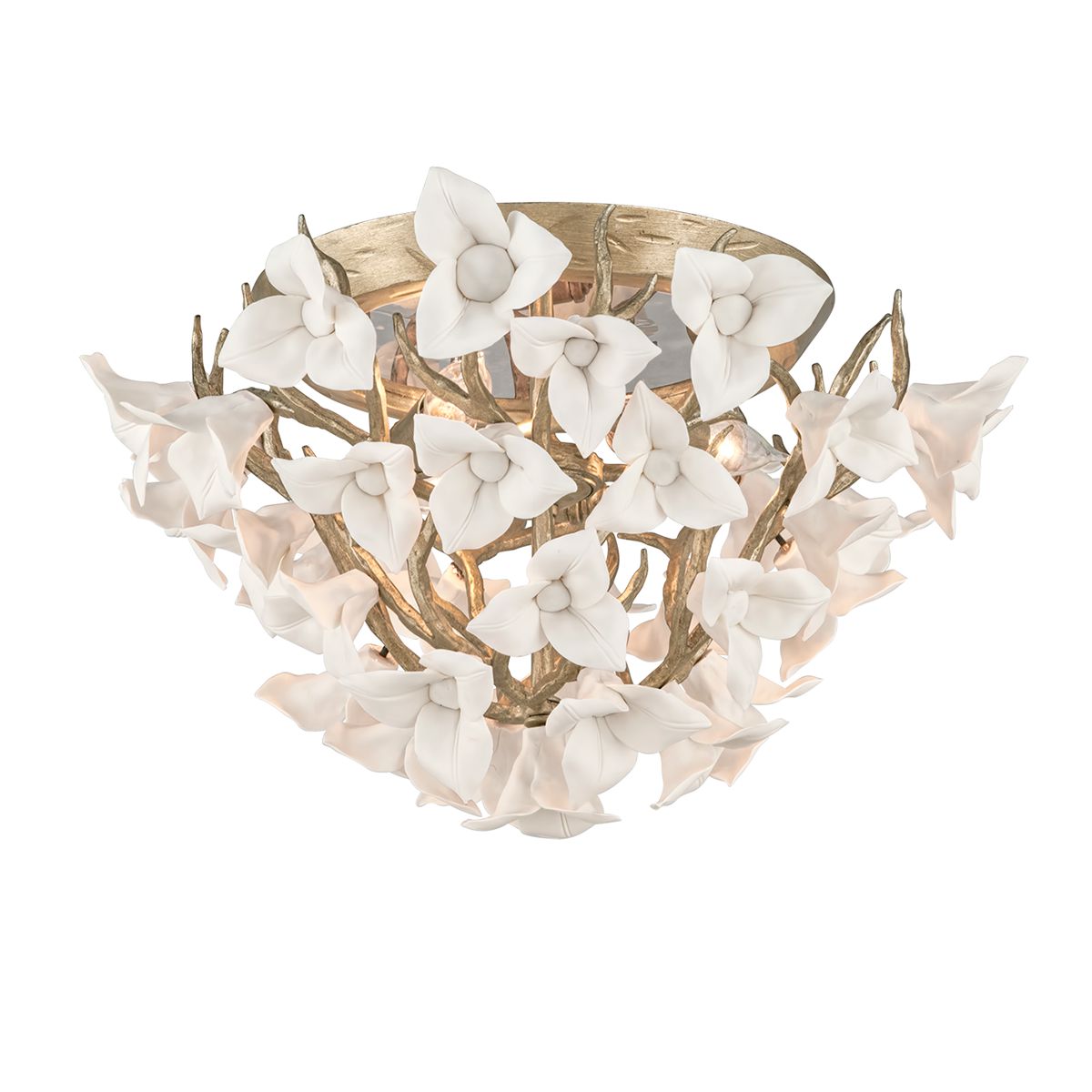 Lily Ceiling Light by Corbett Lighting, 3-Light Fixture with Porcelain Flowers & Silver Leaf Finish