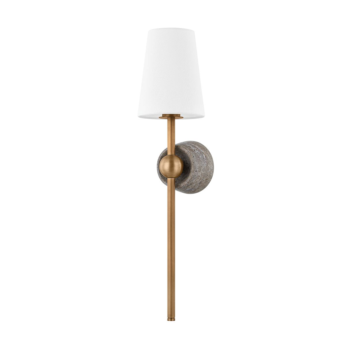 Los Vilos Wall Sconce by Troy Lighting, Dimmable Patina Brass Fixture with Off-White Linen Shade