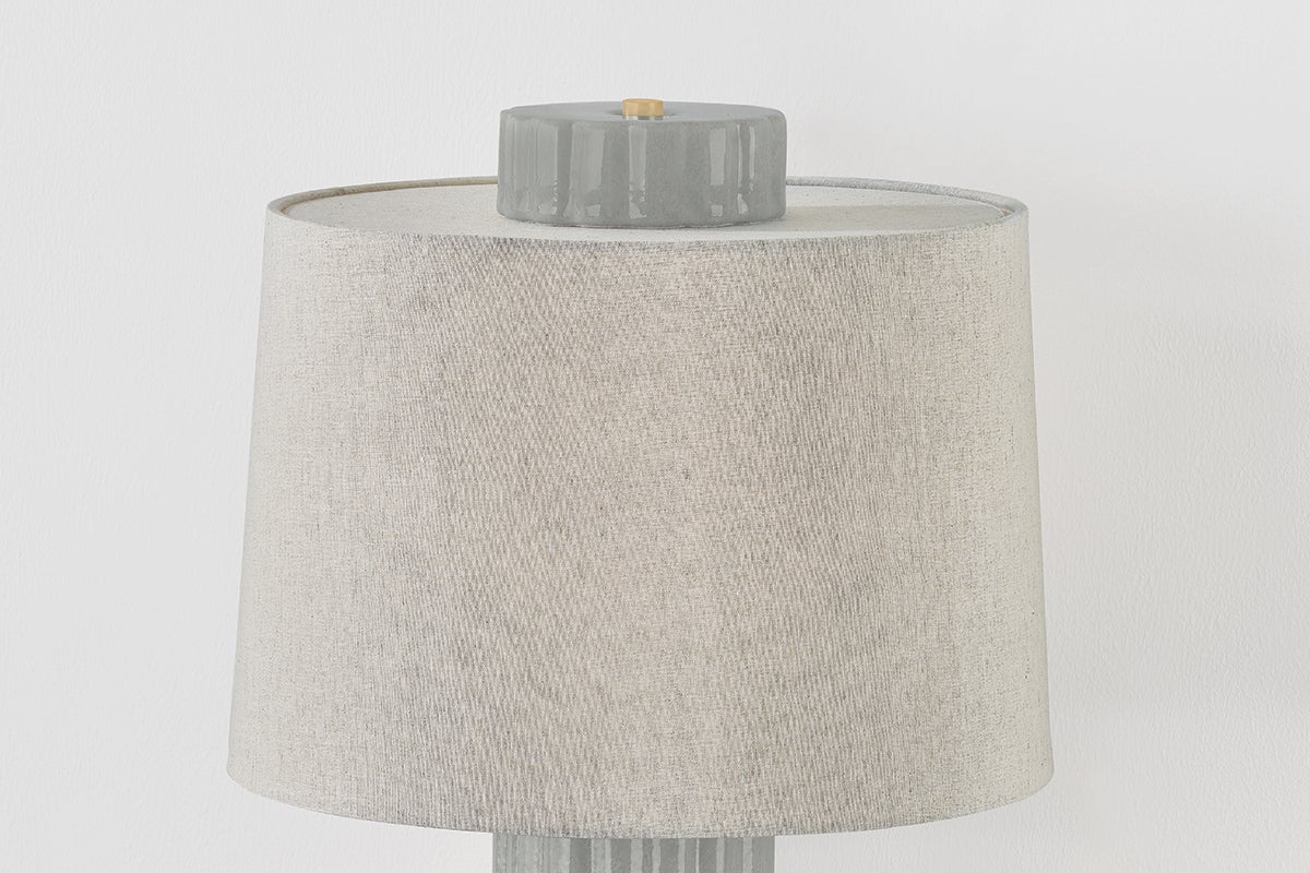 Manchester Table Lamp 28"H Aged Brass & Shell Grey Ceramic with Natural Linen Shade by Hudson Valley