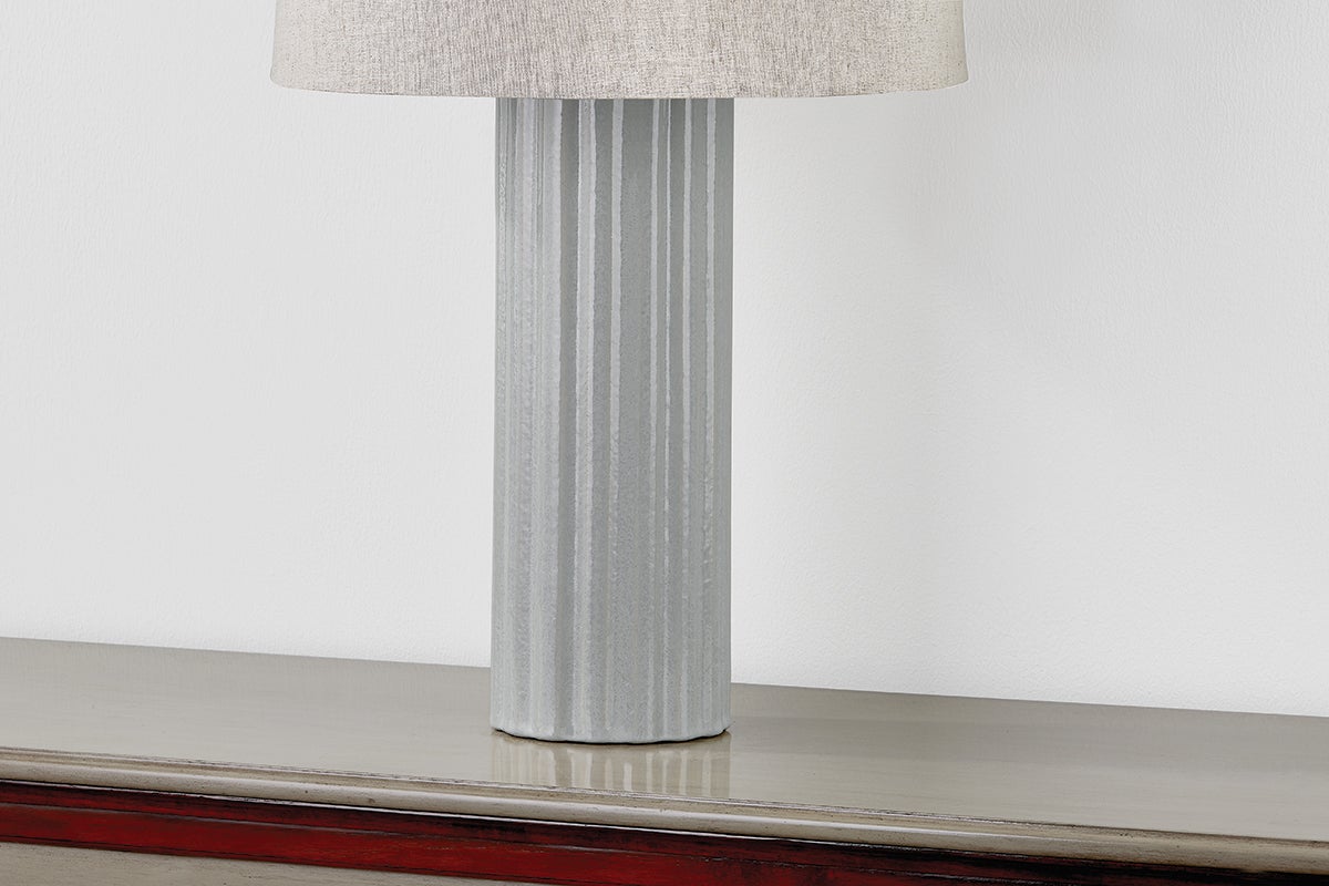 Manchester Table Lamp 28"H Aged Brass & Shell Grey Ceramic with Natural Linen Shade by Hudson Valley