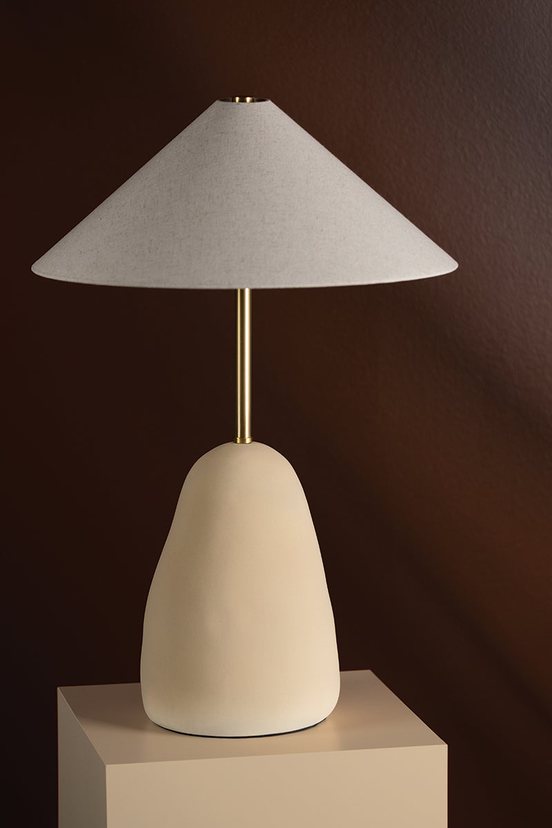 Mitzi Maia Table Lamp 28.25" Aged Brass Finish & Beige Ceramic Base, Dimmable, 2 Bulb E26