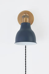 Makin Plug-In Sconce by Troy Lighting, Slate Blue Shade, Patina Brass Hardware, Dimmable, ETL Damp Rated