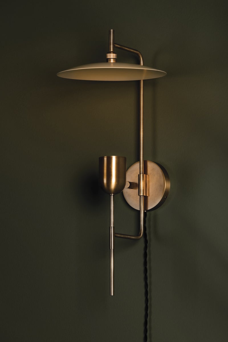 Manti Plug-In Sconce by Troy Lighting, Dimmable, Patina Brass Finish, Soft Sand Glass Shade