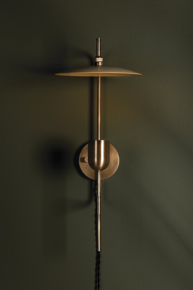 Manti Plug-In Sconce by Troy Lighting, Dimmable, Patina Brass Finish, Soft Sand Glass Shade