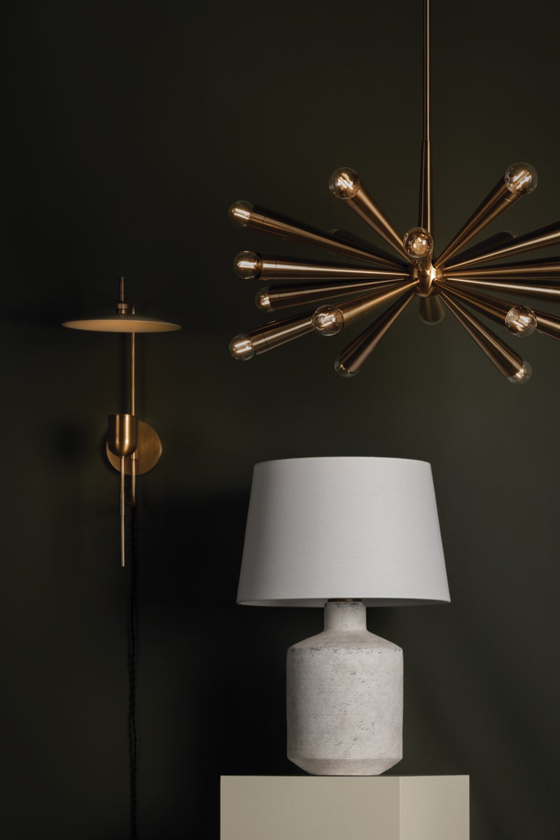 Manti Plug-In Sconce by Troy Lighting, Dimmable, Patina Brass Finish, Soft Sand Glass Shade