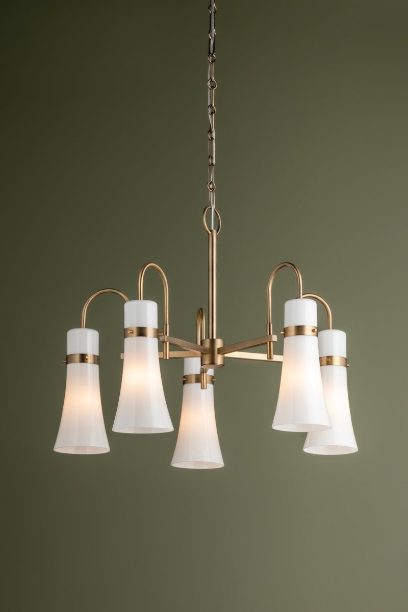 Maple 5-Light Chandelier by Troy Lighting, Patina Brass Finish, Dimmable with Opal Seeded Glass Shades